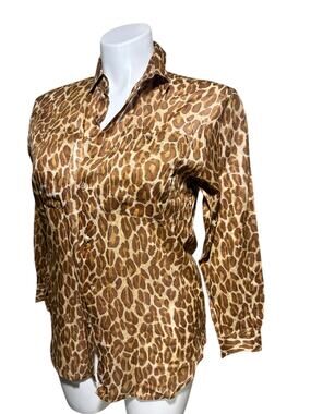 Lizwear Leopard Animal Print Button Front Shirt Women’s Small 100% Cotton Blouse